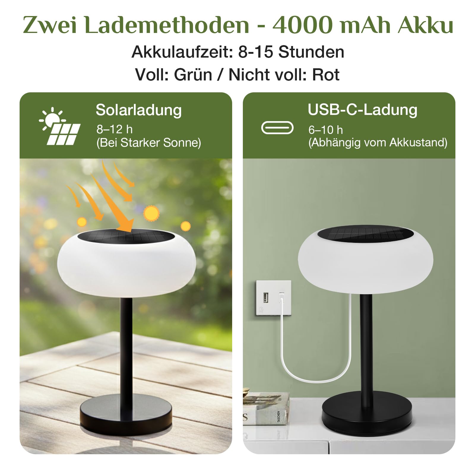 Rosnek 2er Solar LED Tischlampe Kabellos, 4000mAh Tischlampe Akku mit IP65 Wasserdicht & Timer, Intelligente Sensorik mit Fernbedienung, 3 Farbmodi & Stufenlos Dimmbar Tischleuchte für Garten