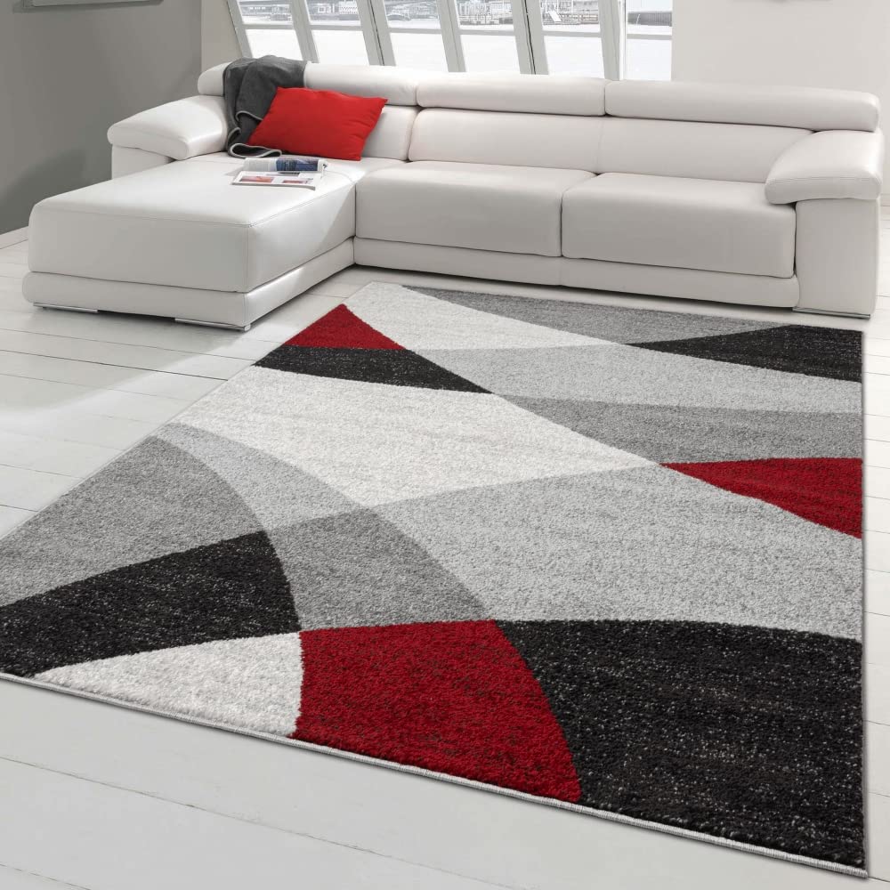 Teppich-Traum Tapis de Salon avec Motif Abstrait Moderne | Facile d'entretien | Gris Rouge Größe 140x200 cm