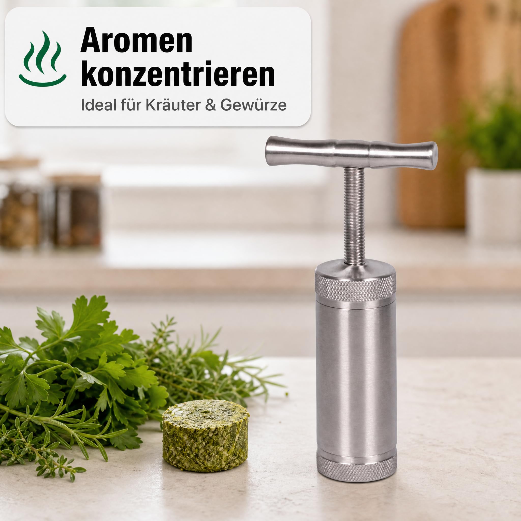 Kräuterpresse Pollenpresse T-Press aus Edelstahl, Manuelle Handpresse/Spindelpresse zum Verdichten von Kräutern, Gewürzen und Tabak, Ø 2,5 cm Presskammer, Höhe 11,5 cm, mit Aufbewahrungsbox