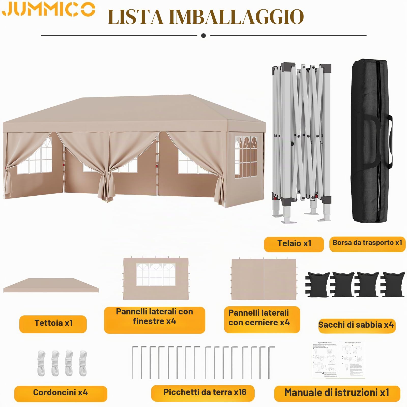 JUMMICO Gazebo 3x6m Pieghevole, Altezza Regolabile, Struttura Stabile, Copertura Esterna Resistente e Impermeabile, con Pareti Laterali, con 4 Sacchi di Sabbia di Peso e Sacca da Trasporto, Beige