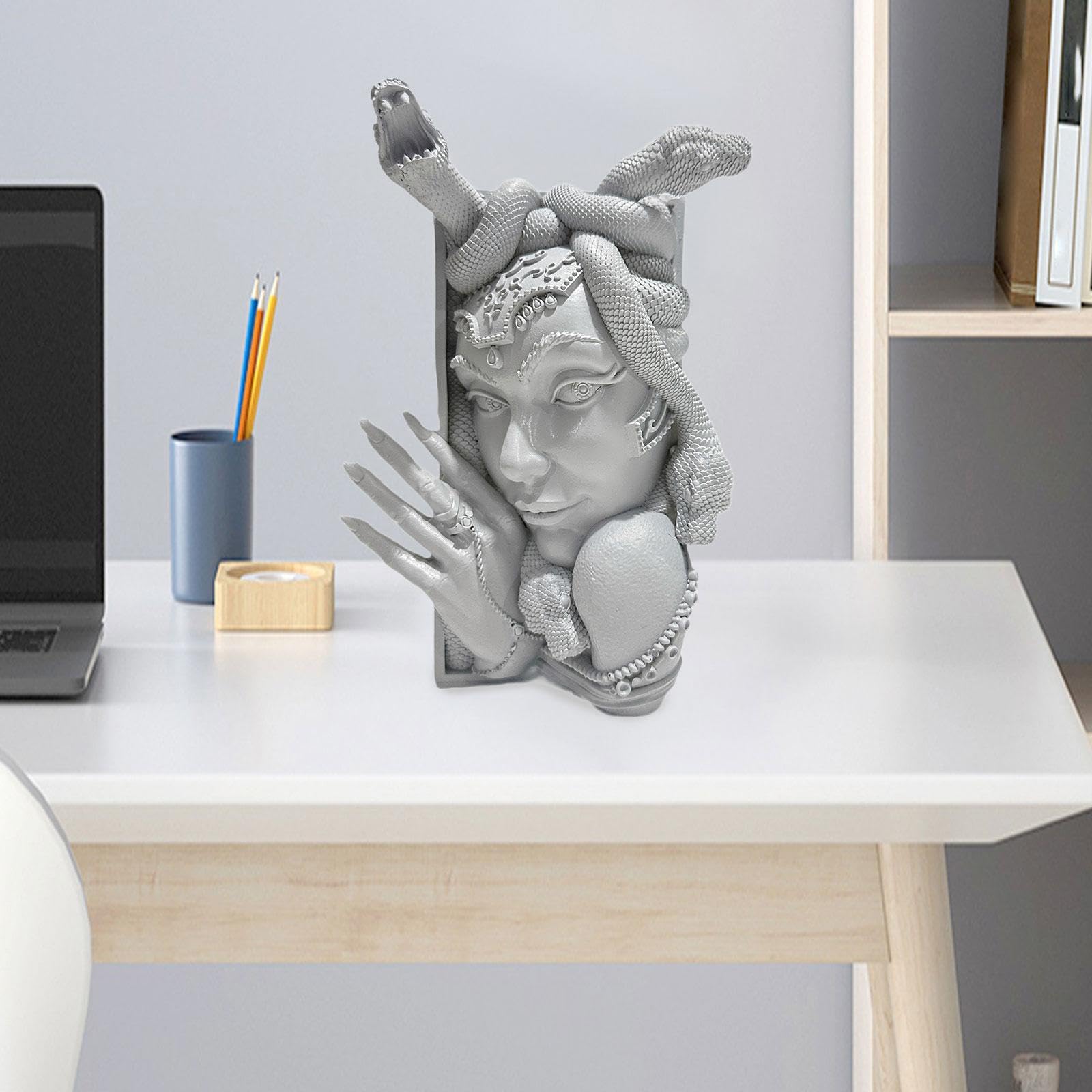 Sujetalibros Medusa Estatua Resina Tope de Libros Pesado Antideslizante Decoración de Escritorio Y Estantería Adecuado para Regalos Oficina Hogar, Gris