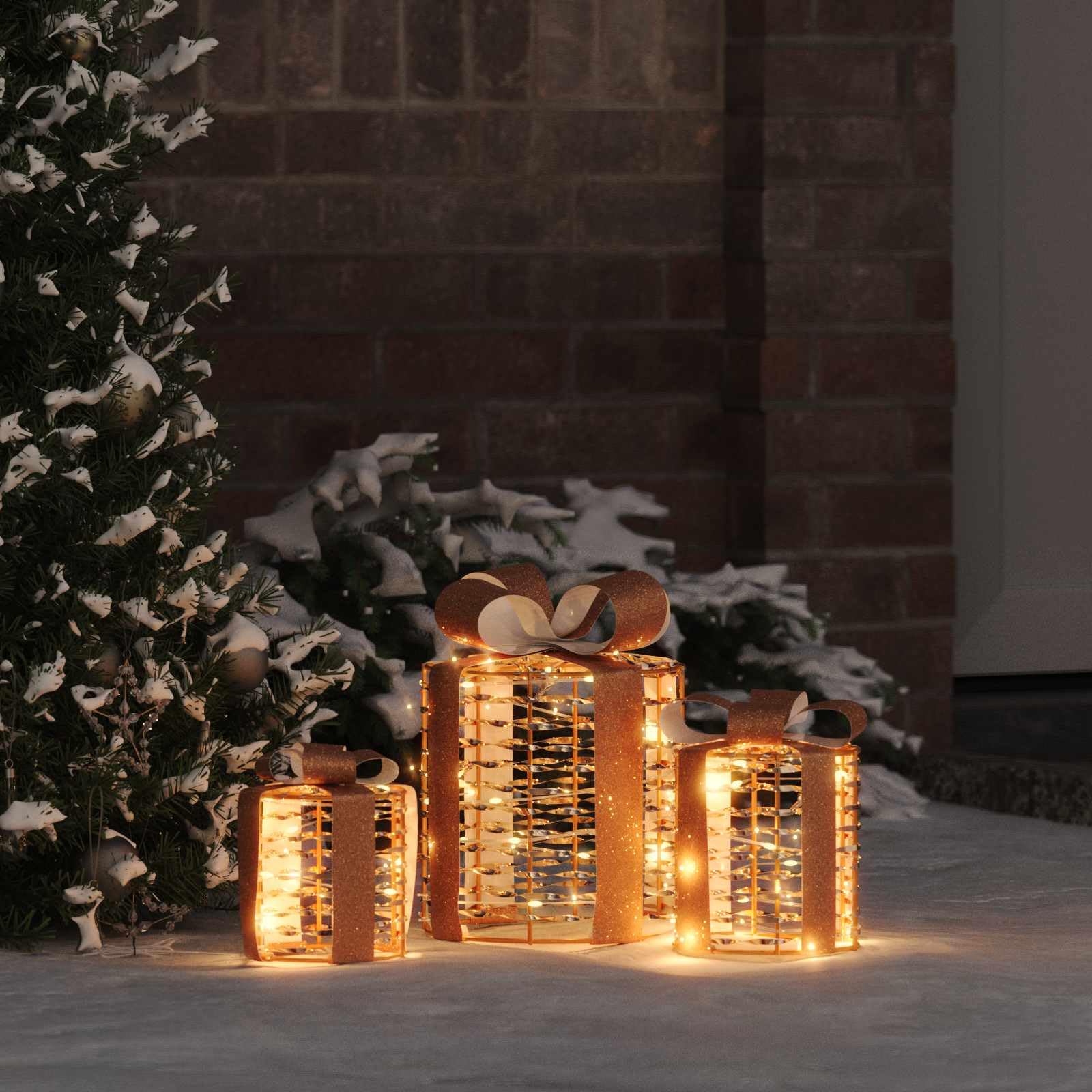 Pudełko na prezent, dekoracja 3 szt., ciepła biel, PET 20 x 20 x 20 cm ze źródłem zasilania LED USB do dekoracji choinki, ozdób choinkowych, ornamentów, gwiazd, dzwonków do salonu i wieńca