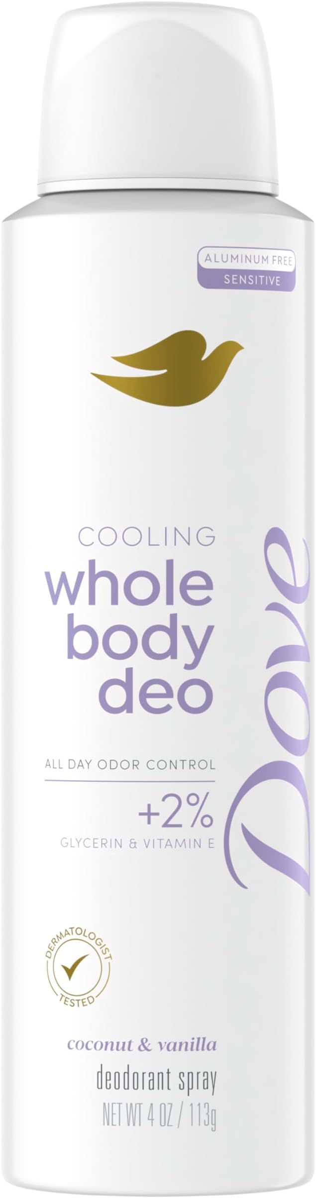 Whole Body Deo Aluminum Free Invisible Spray Deodorant Coconut & Vanilla for 72h Odor Control 4 oz