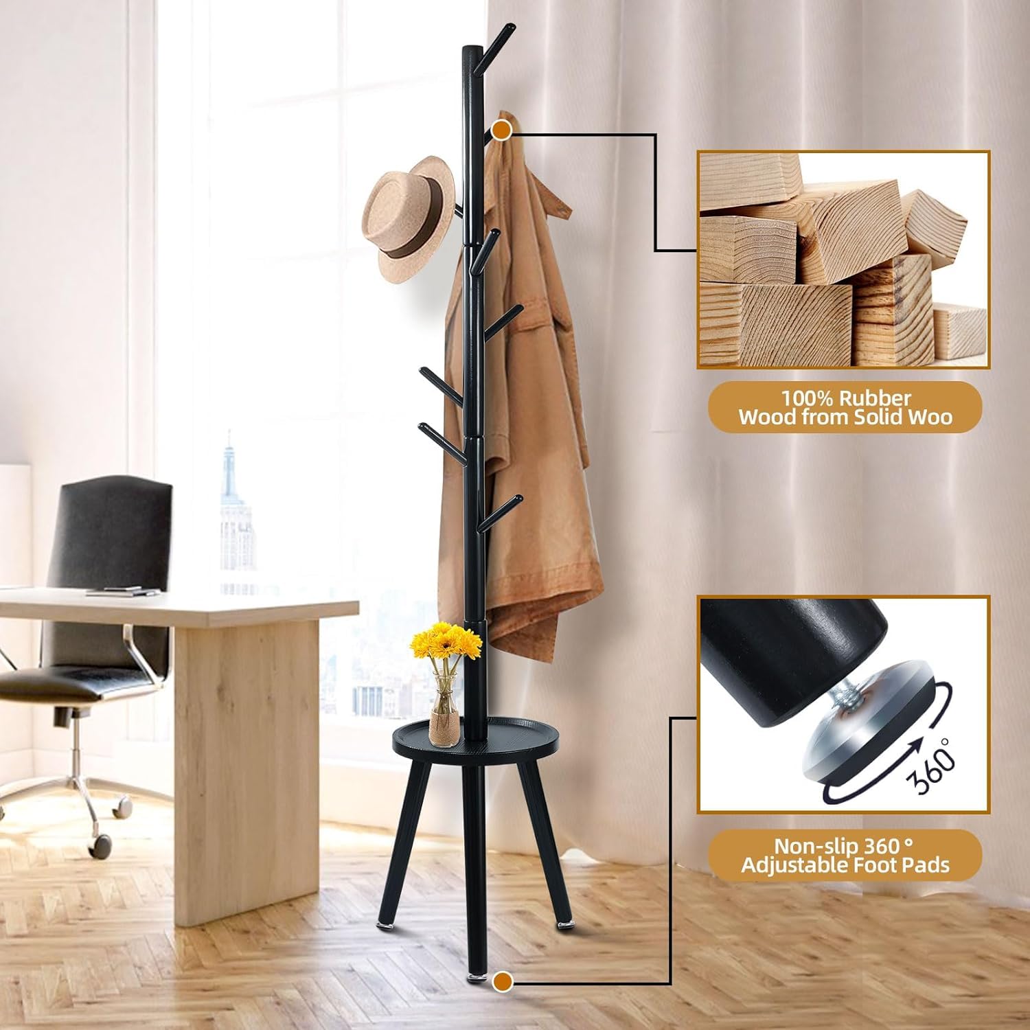 Bodengarderobe, Garderobenständer Moderne Garderobe Freistehende Garderobe aus Holz mit Ablage Garderobenbaum mit Haken Kleiderbügelständer für den Büroeingangsbereich Garderobenständer