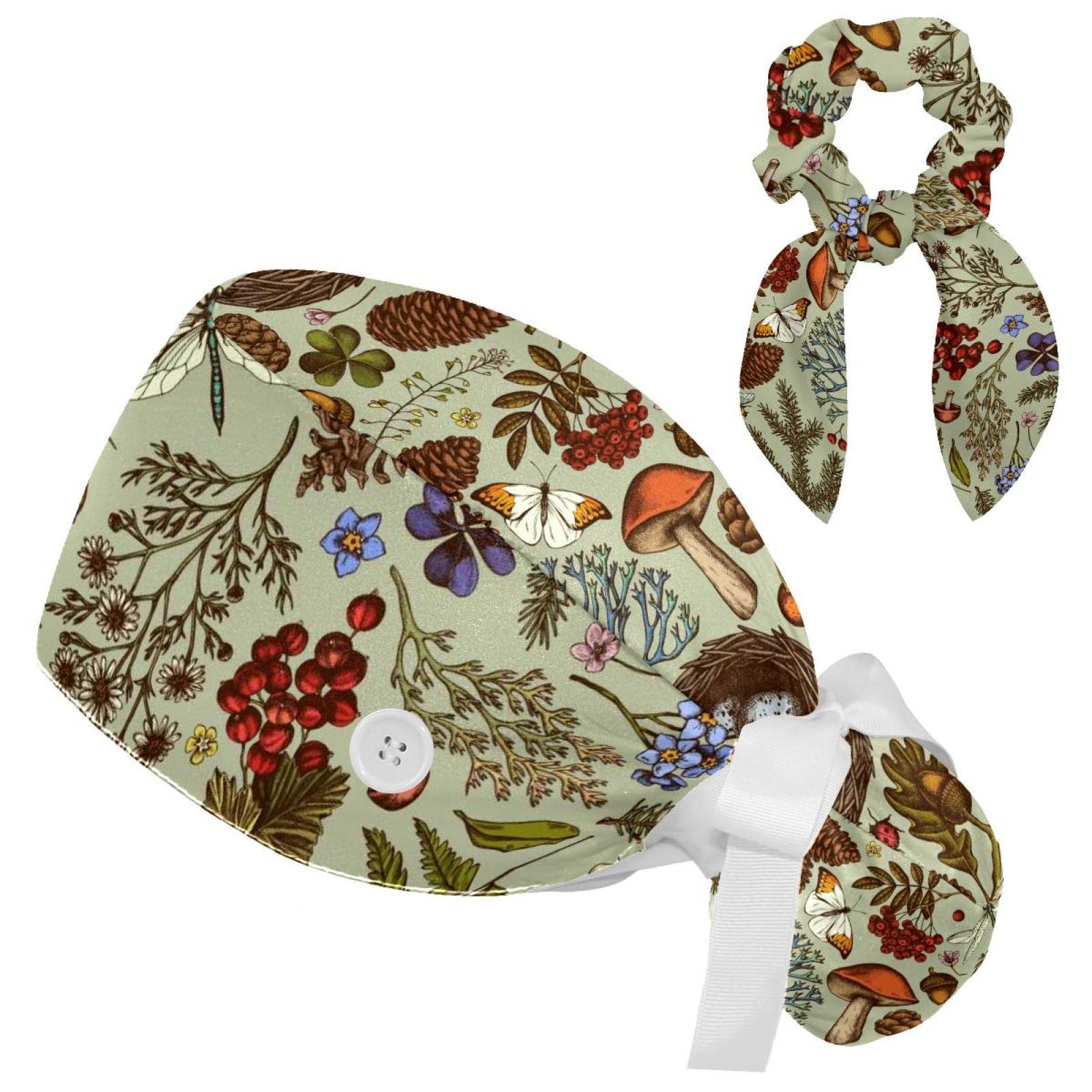 Surgical Cap with Bow Hair Scrunchy, Forest Animals Bird Pattern Working Cap Ponytail Holder for Women Long Hair