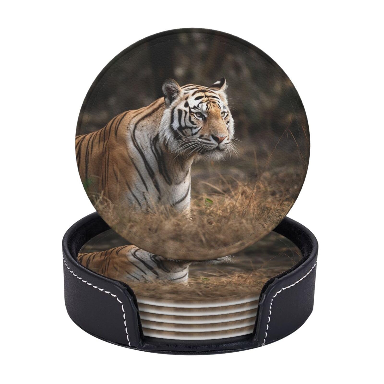 6Pcs PU Leather Coaster for Drinks, Wildlife Tiger Cup Coasters with Holder, Aesthetic Drink Coasters for Coffee Table, Round Coaster for Tabletop Protection 4" Cup Mat Pad