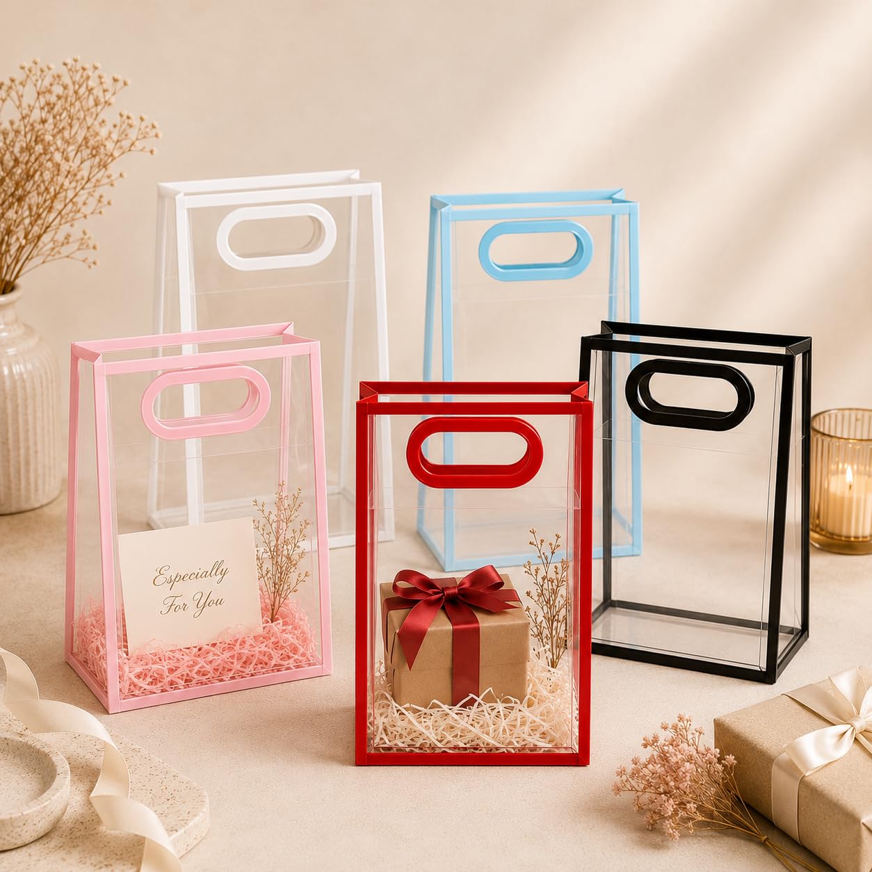 SPHINX PVC Translucent Gift Bags with Handle Set of 10, Frosted Waterproof Carry Bags for Gift Packing, Reusable Gift Wrapping Bags for Birthday Gifts, Wedding Gifts, Party Favors,Return Gifts &Gift Hampers (Assorted)