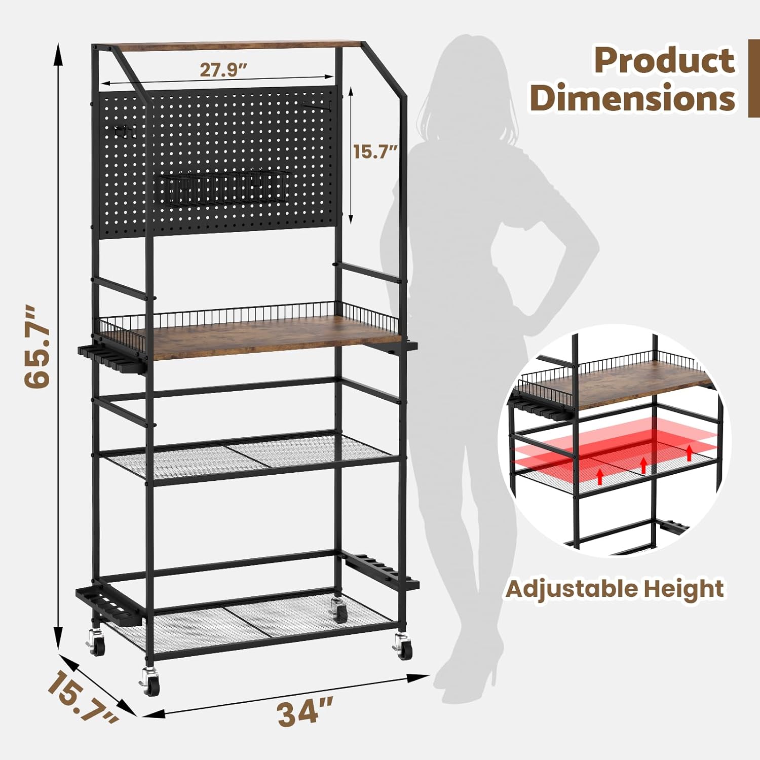 4-Tier Heavy Duty Fishing Rod Holders for Garage with Pegboard and Hooks, 65.7" Lockable Wheels Fishing Rod Rack Storage Up to 12 Rods, Fishing Pole Stand for Fishing Gear & Equipment