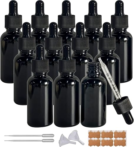Botella con cuentagotas de vidrio negro de 1 oz, paquete de 12 botellas de vidrio negro de 1.0 fl oz con cuentagotas de vidrio, para aceites