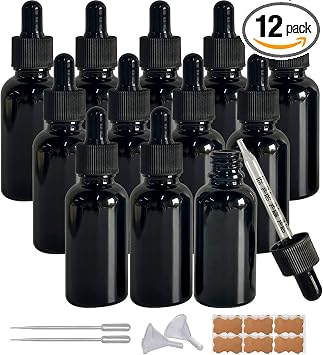1oz Black Glass Dropper Bottle, 12 Pack 30ml Black Glass Bottles with Glass Eye Dropper, for Essential Oils, Aromatherapy Oil, Beard Oil, Perfume, Leak Proof Travel Bottles for Liquids