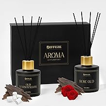 DIFFUZE Oriental Duo Reed Diffuser (Oud Marshmallow & Rose Oud, 60 ml × 2) | Exotic Woody Floral Aroma | Matte-Black Bottles with Golden Caps & Black Fibre Reeds | Long-Lasting Luxury Home Fragrance