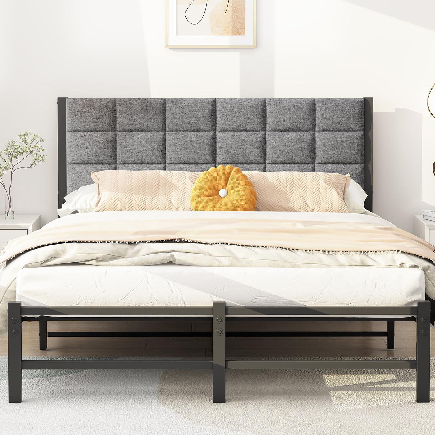 JUISSANO 5ft King Size Bed Frame with Headboard,Metal Bed Frame Kingsize Bed Upholstered Platform Bed with Steel Slat Support,No Box Spring Needed,Easy Assembly,Noise Free,Grey Linen