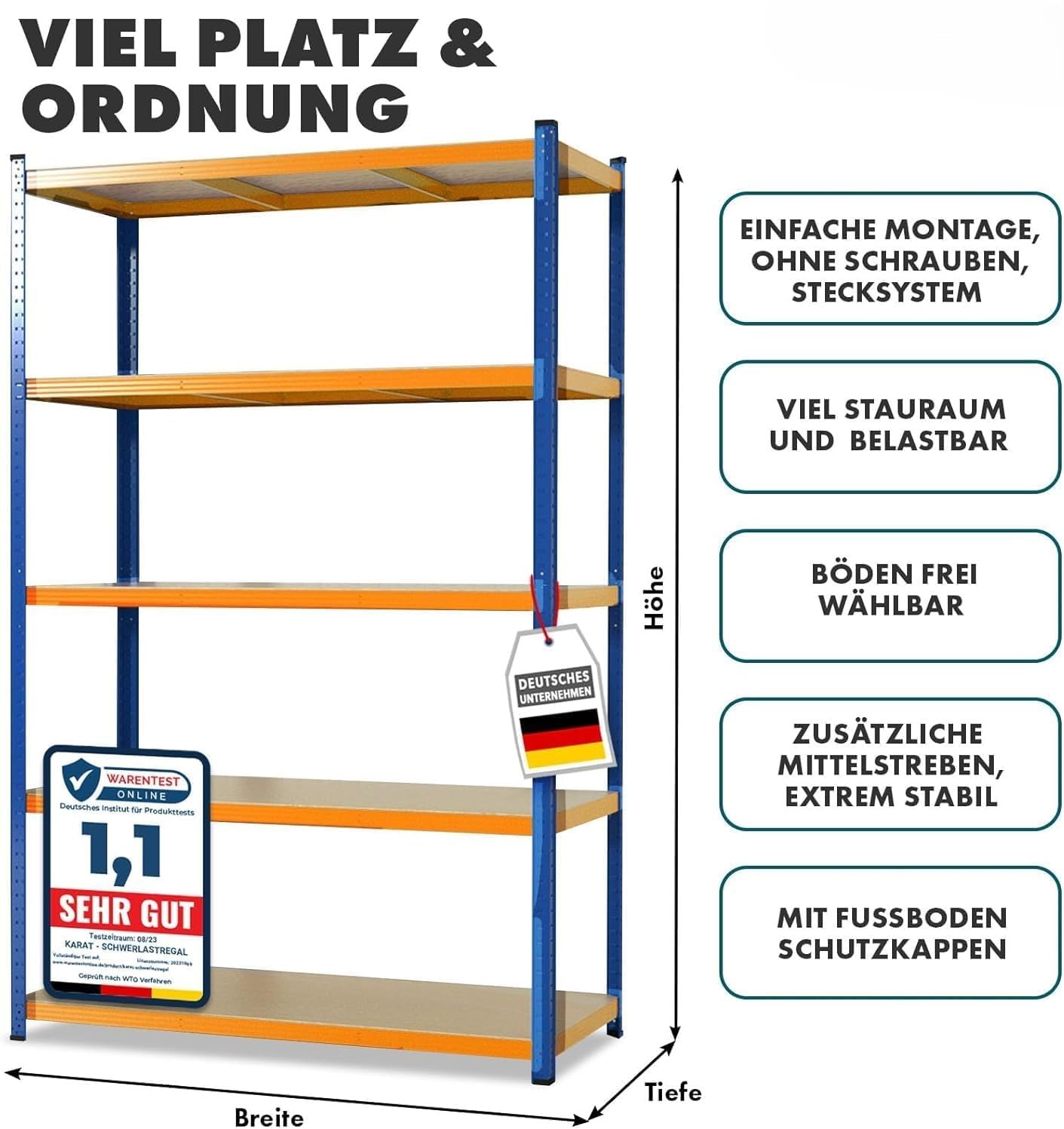 etm Regały do dużych obciążeń – garaż, piwnica, warsztat – regał wtykowy, magazynowy, piwnica – wysoka nośność i regulowane półki (niebiesko-pomarańczowy, 180 x 90 x 45 cm)