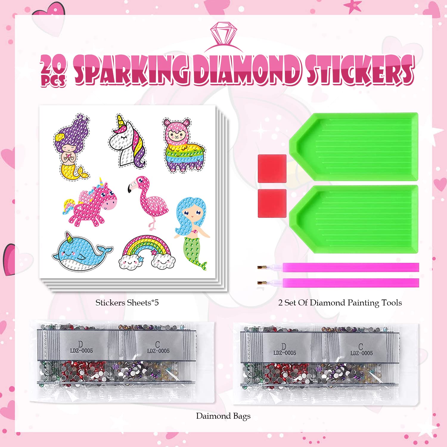 Diamentowe Naklejki do Malowania, CAYUDEN 20 szt. Jednorożec Diamond Painting Stickers Dzieci 5D DIY Diamentowe Naklejki Dzieci Dziewczyny Syrenka Zestaw do Malowania Diamentami Króliczki dla Dzieci