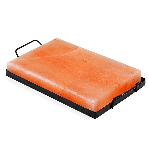Veristic Accents Bloque de cocina de sal de roca del Himalaya con bandeja de metal, 12 x 8 x 1.5 pulgadas, 12 libras, sal rosa natural de grado