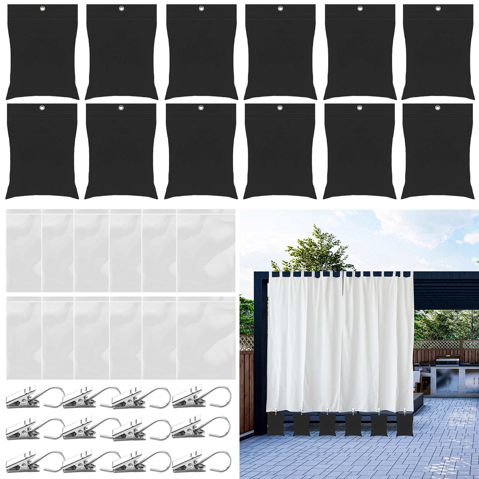 Photo 1 of 12 Pack Outdoor Curtain Weights, 24oz Large Capacity Curtain Weights Bags Drapery Bottom Weighted Sandbag Bags with Sealed Bags & Clips for Drapes Pergola Cabana Gazebo Garden Yard