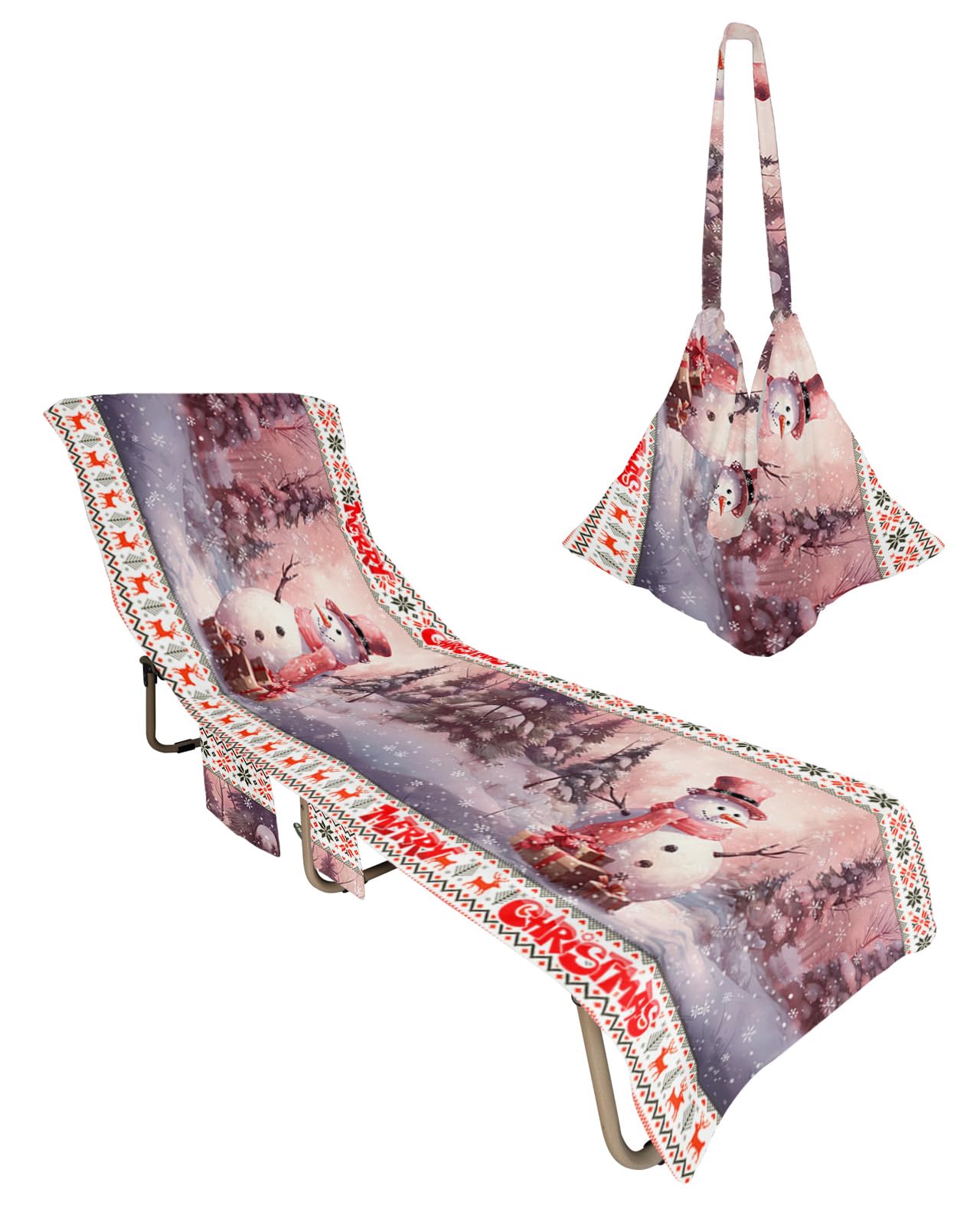 Christmas Snowman Beach Lounge Chair Towel Cover, Soft Chaise Lounge Towel with Side Pockets Patio Pool Chairs Cover for Beach/Pool Sunbathing 29x85 Pink Xmas Winter Snowflake Geometric