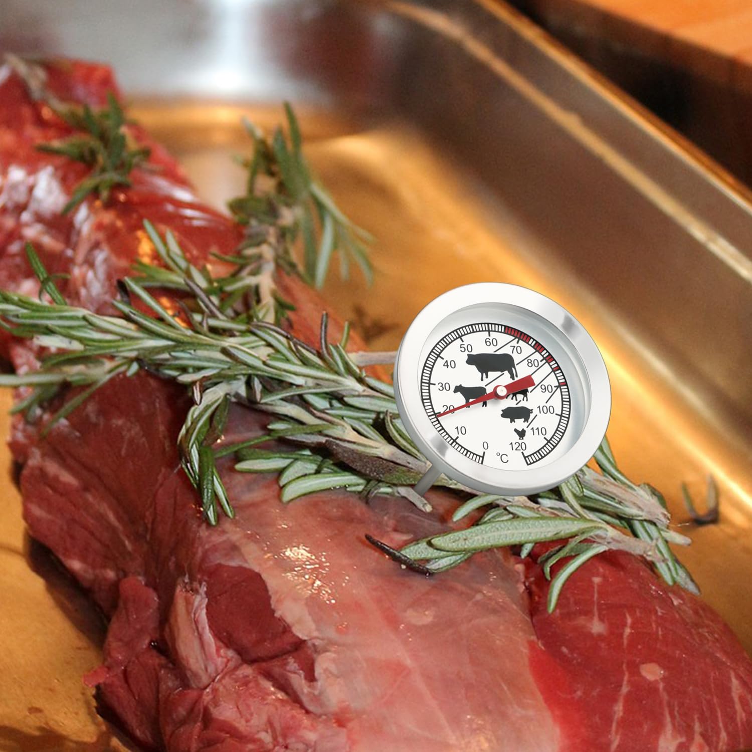 com-four® Termómetro para Asados de Acero Inoxidable - Termómetro Analógico de Carne hasta 120 °C - Termómetro de Parrilla - Aguja de Carne - 10 cm (001 pieza)