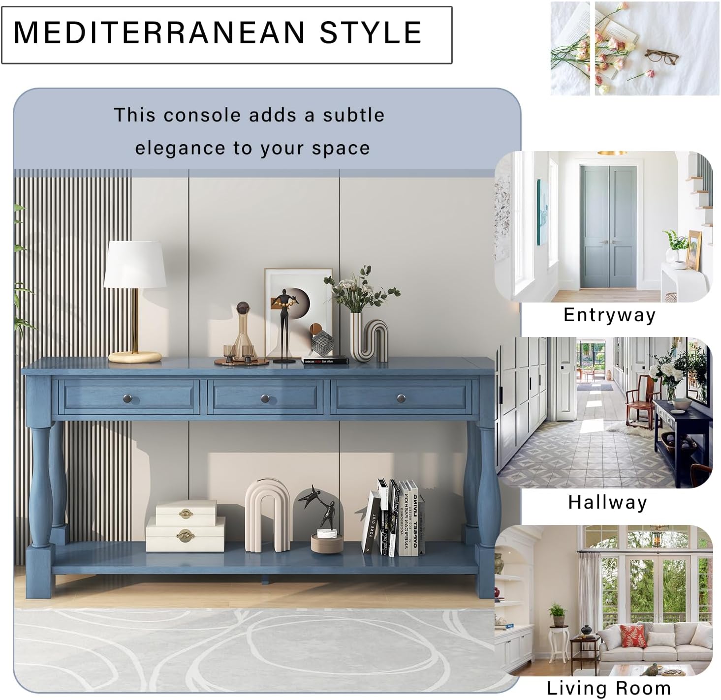 P PURLOVE Console Table for Entryway, Wood Sofa Table with Storage Drawers and Bottom Shelf for Hallway Living Room (Navy)