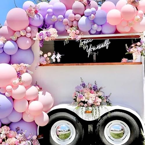 Miniatura 9 de Kit de guirnalda de arco de globos pastel, globos rosas y morados, doble relleno, rosa pastel, lavanda, lila, globos dorados metálicos, globos de