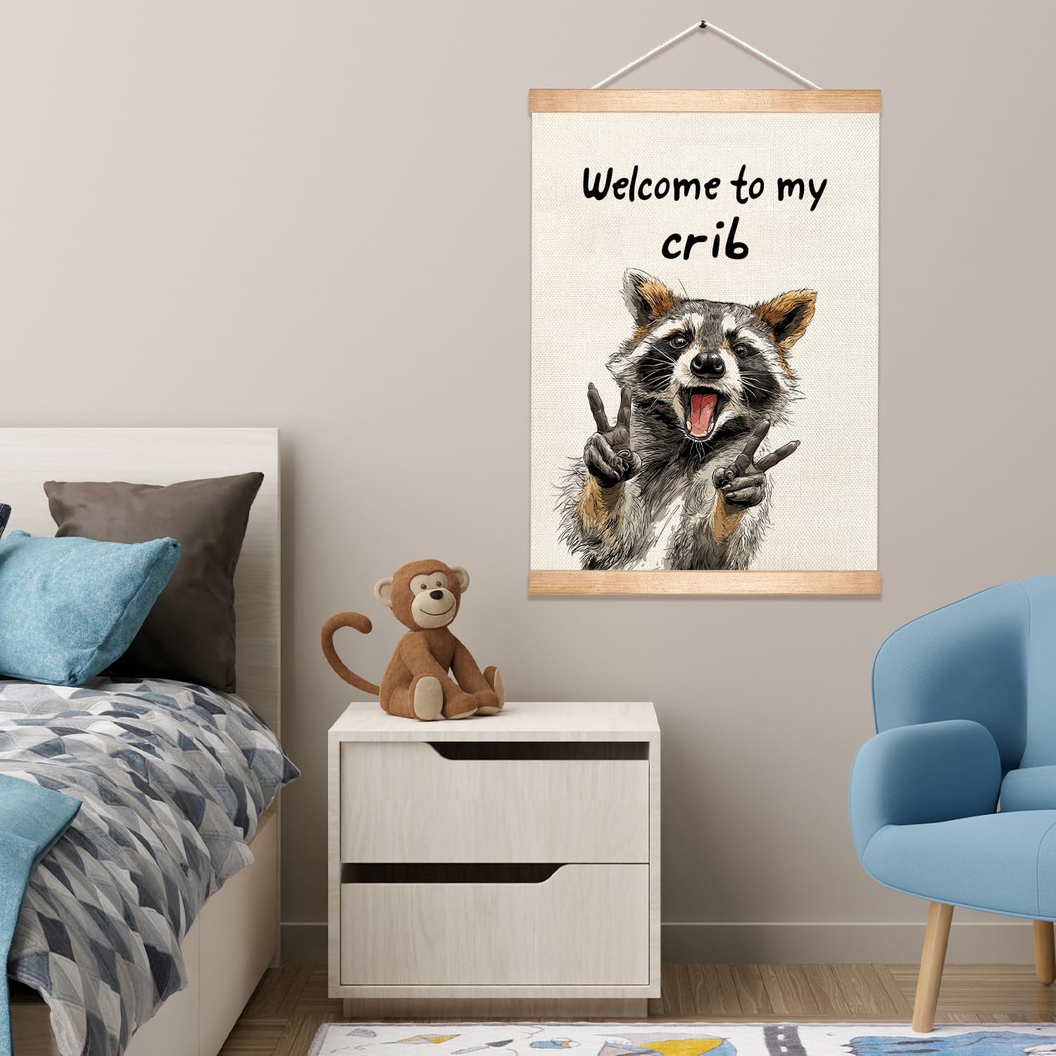HEYJEEPER Welcome to My Crib Wall Art Decor,Funny Raccoon Posters,Man Cave Wall Hanging Decor for Playroom,Bedroom,Entryway,Dorm Room, Nursery 14x18Inch(To my crib-1)