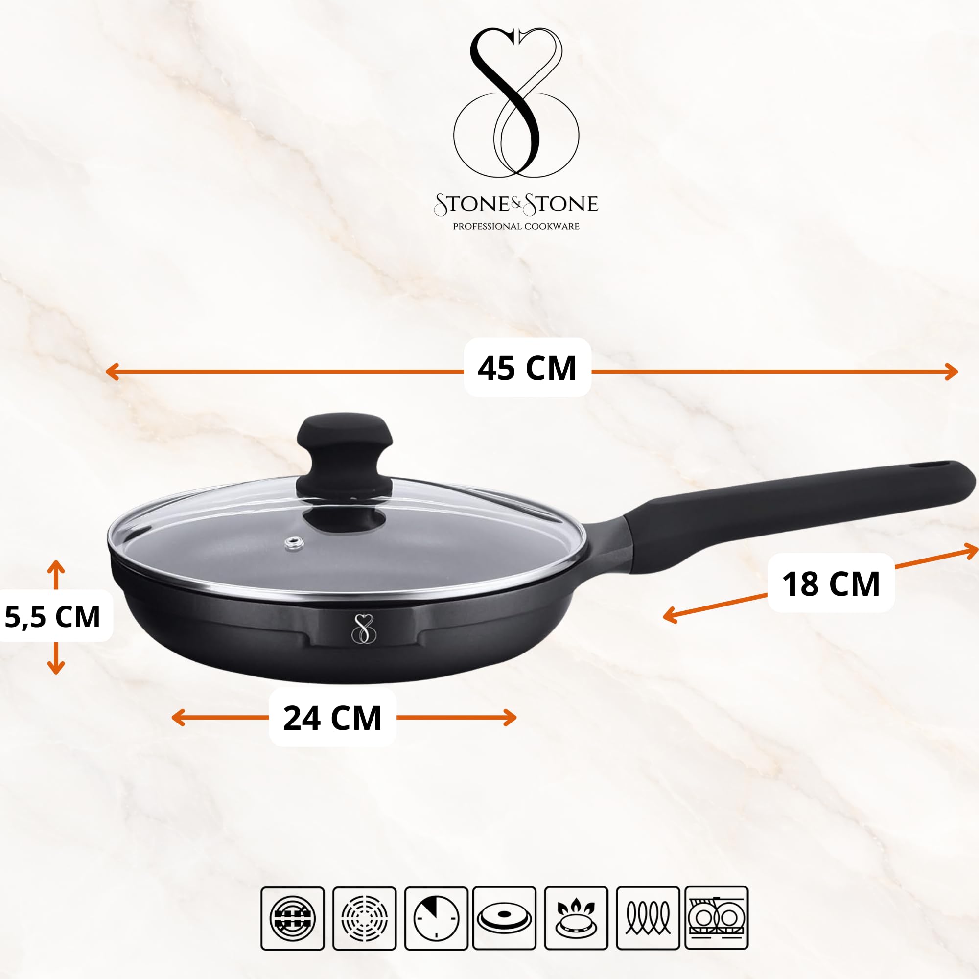 Stone&Stone Padella 24 cm per Induzione e gas | Super Antiaderente Ceramico Tedesco Professionale | Priva PFOA - PFAS - PTFE | Fondo in acciaio pieno | Coperchio in Vetro + Cucchiaio - 5