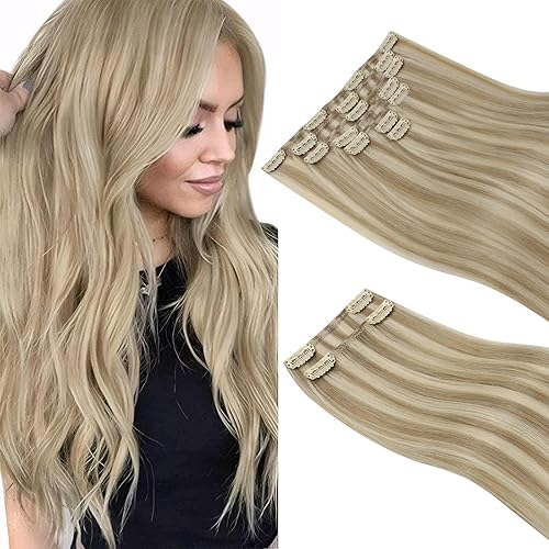 Sunny Hair Clip in Hair Extensions Real Human Hair 26 Inch 185g Thick Remy Hair Extensions Clip in Human Hair for Women Golden Blonde Highlights Light Blonde Full Head