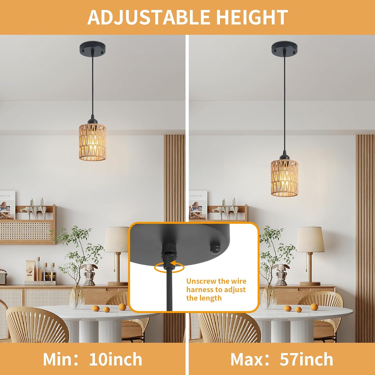 3 Pack Rattan Chandelier Pendant Lights Kitchen Island,Farmhouse Boho Chandeliers Adjustable Height Hanging lamp for Dining Room,Kitchen Ceiling Light Fixtures with Hand Woven Wicker Lampshade