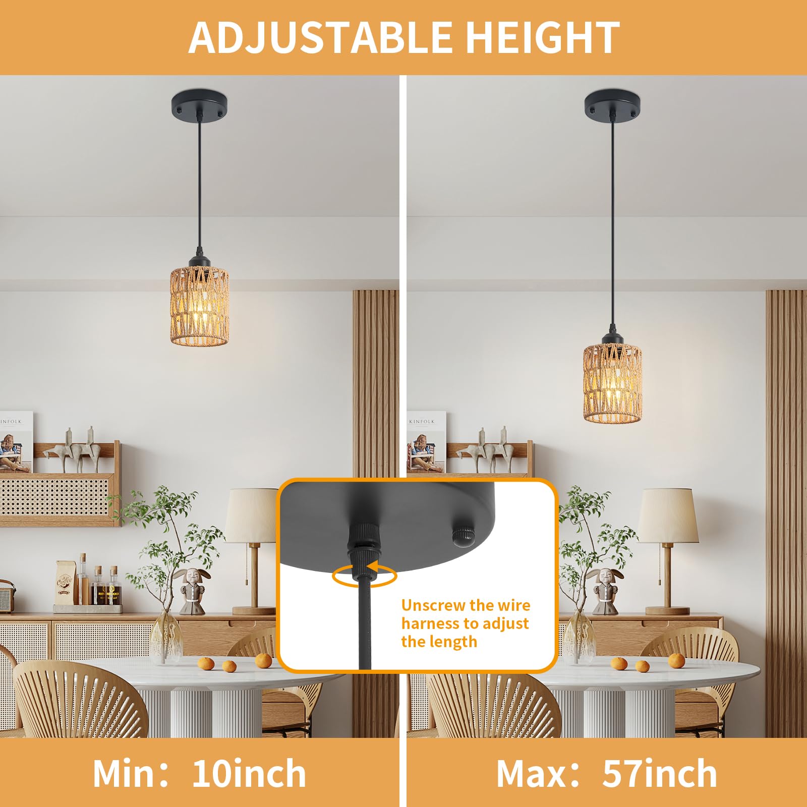 Lámpara colgante de ratán para isla de cocina, lámpara bohemia de granja, lámpara colgante de altura ajustable para comedor, lámparas de techo de cocina pequeñas con pantalla de mimbre tejida a 5