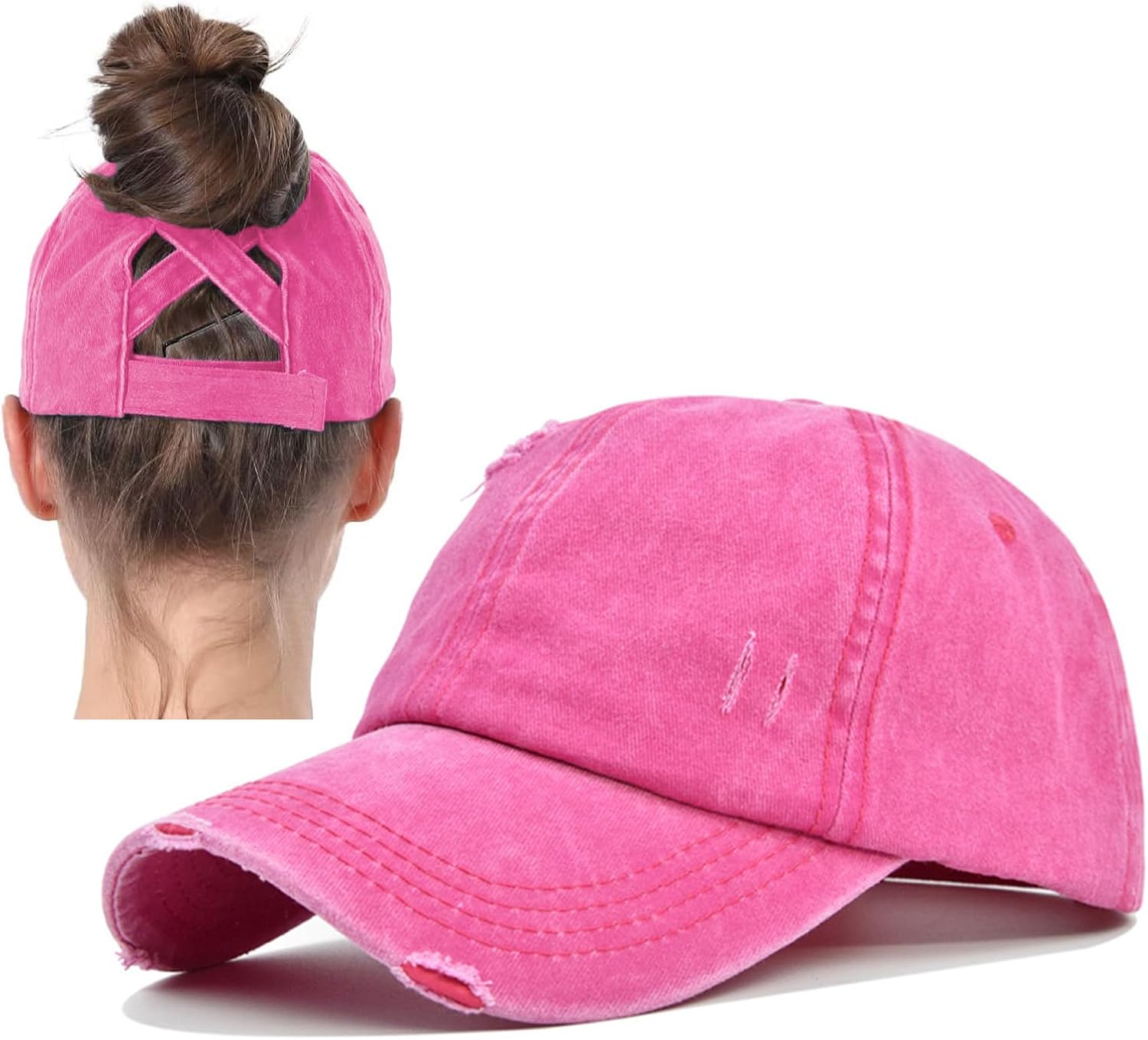 2 Packs Distressed Ponytail Hat for Women Criss Cross Hat Baseball Cap Pony Tail Caps High Bun - Image 4