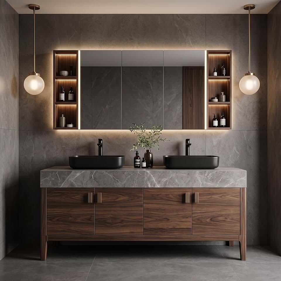 86" Modern Bathroom Vanity with Double Sink Grey Top