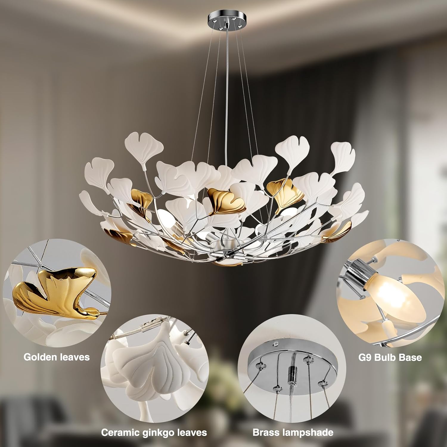 Tree Branch Chandelier Silver Ceramic Ginkgo Leaf Chandeliers 31.5 Inch Brass Chandelier Large Luxury Hanging Lights Fixture for Living Room Dining Room Kitchen Island, 6-Light