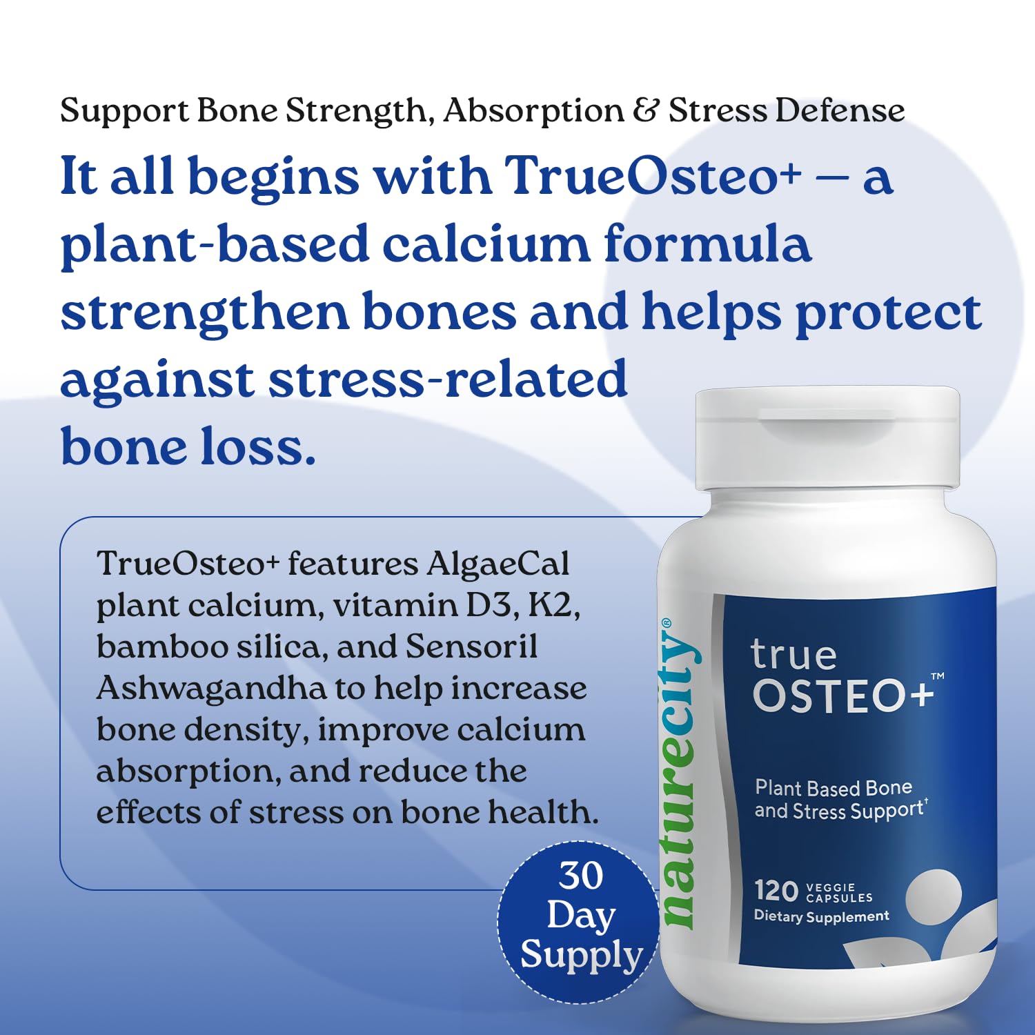 NatureCity True-Osteo Plus Bone Support with Ashwagandha – for Strength & Density – Plant-Based Calcium with Organic AlgaeCal, Magnesium, Vitamin D3, K2, Silicon & Stress Support | 120 Veggie Capsules — Amazon image 2