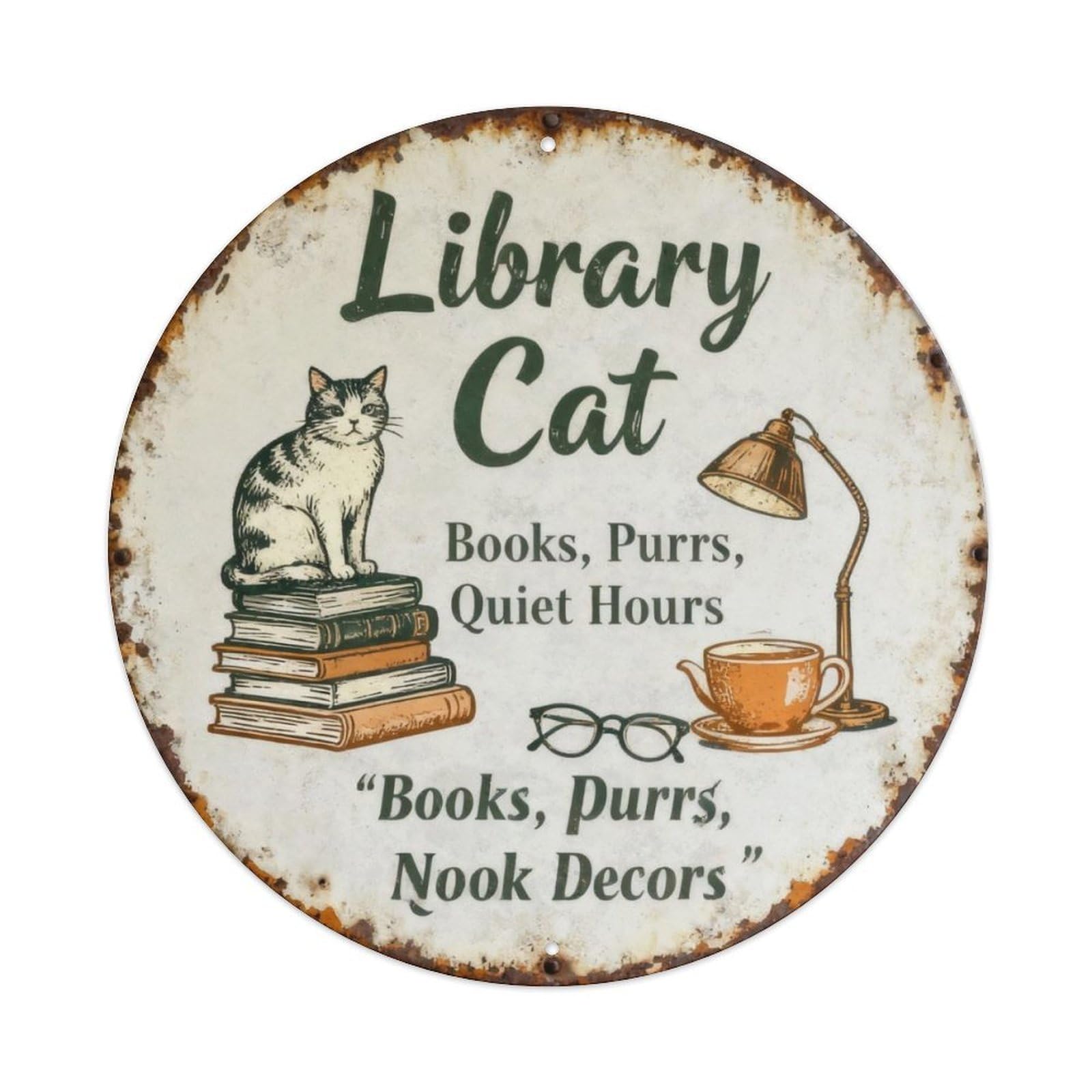 Library Cat Reading Nook Decor Metal Tin Sign Plaque