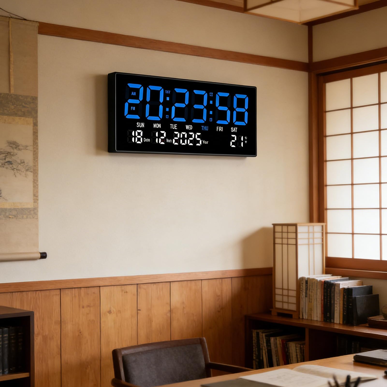 ciciglow Orologio Digitale LED, Grande Display, Telecomando | Funzionamento silenzioso, posizionamento versatile, calendario perpetuo, uso in ufficio