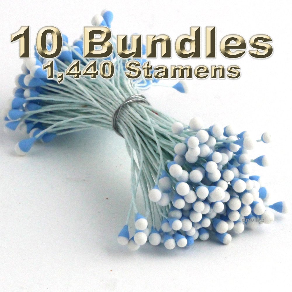 One Bundles of 144 Stamen Vintage Stamen (Pistil), 3mm Head 2in Long, Two-Tone top, White Stem, Light Blue with White tip