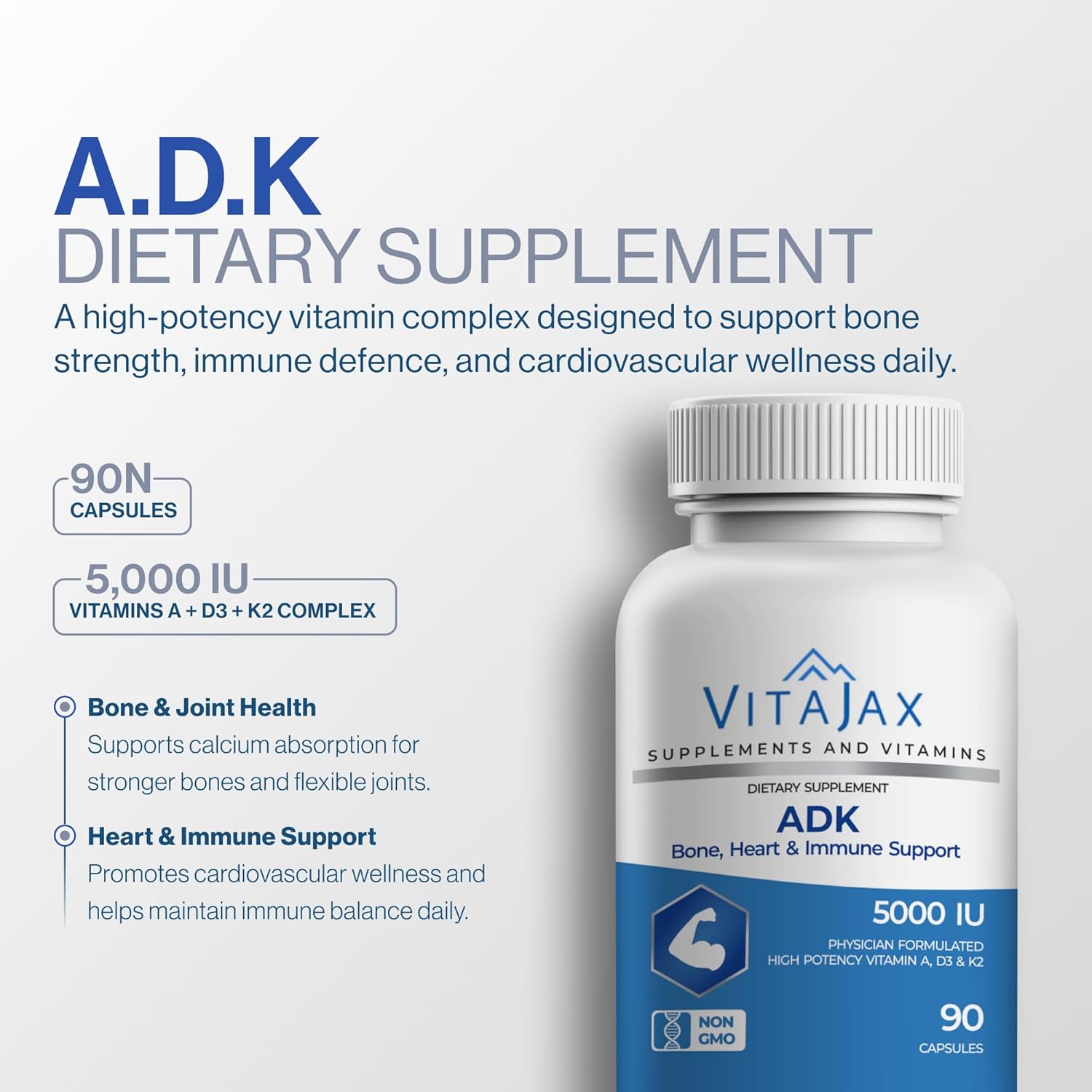 ADK - Vitamin ADK Supplement, 180 Capsules - High Potency Vitamin A, D3(5,000 IU) K2 as MK-7 for Bone, Heart & Calcium Absorption – Non-GMO, Gluten Free (6 Month Supply) 2 Pack