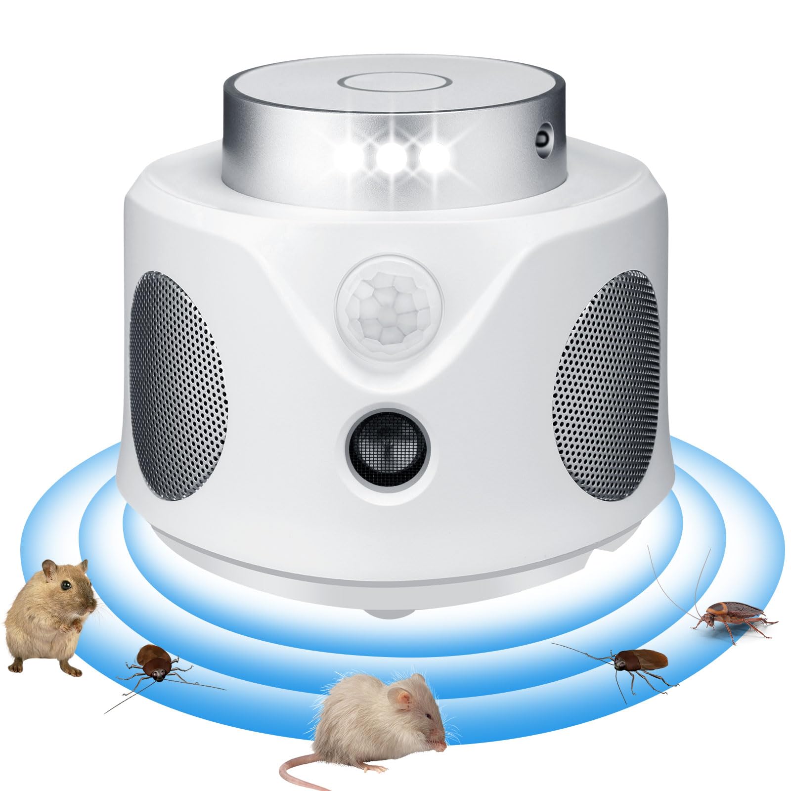 4 in 1 Rodent Repellent 360° Ultrasonic with 9 Strobe Lights and PIR Mouse Squirrel Bat Spider Deterrent Devices for Attic Houses Barns Garage Basement RV, Family and Pets Safe (1 Pack)