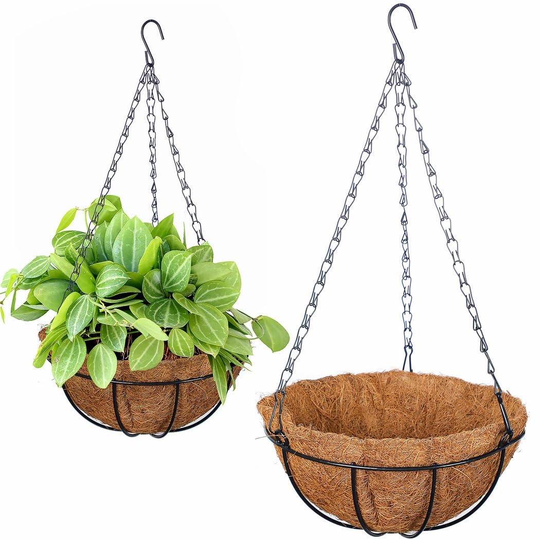 Wiszący kosz na rośliny, naturalny, 4 szt., wkładka kokosowa, wisząca doniczka, oszczędność miejsca do salonu, na balkon, do ogrodu, korytarza, biura, restauracji, zestaw z żelaza i włókna kokosowego