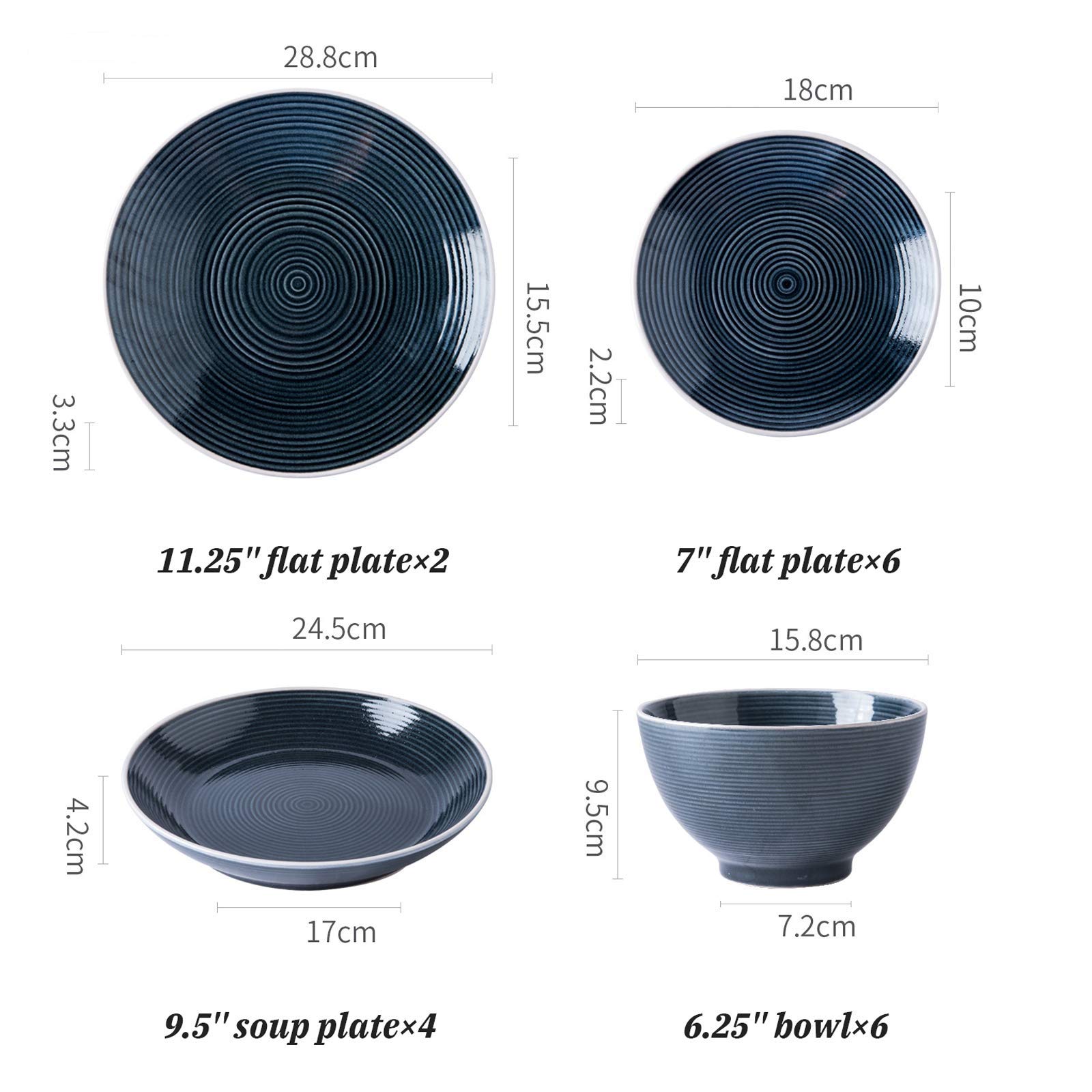 Service de Table, Service de Table en céramique, 18 pièces, Ensemble de Vaisselle en Porcelaine avec Fil en Relief, Bols à céréales Peints à la Main et Assiette(