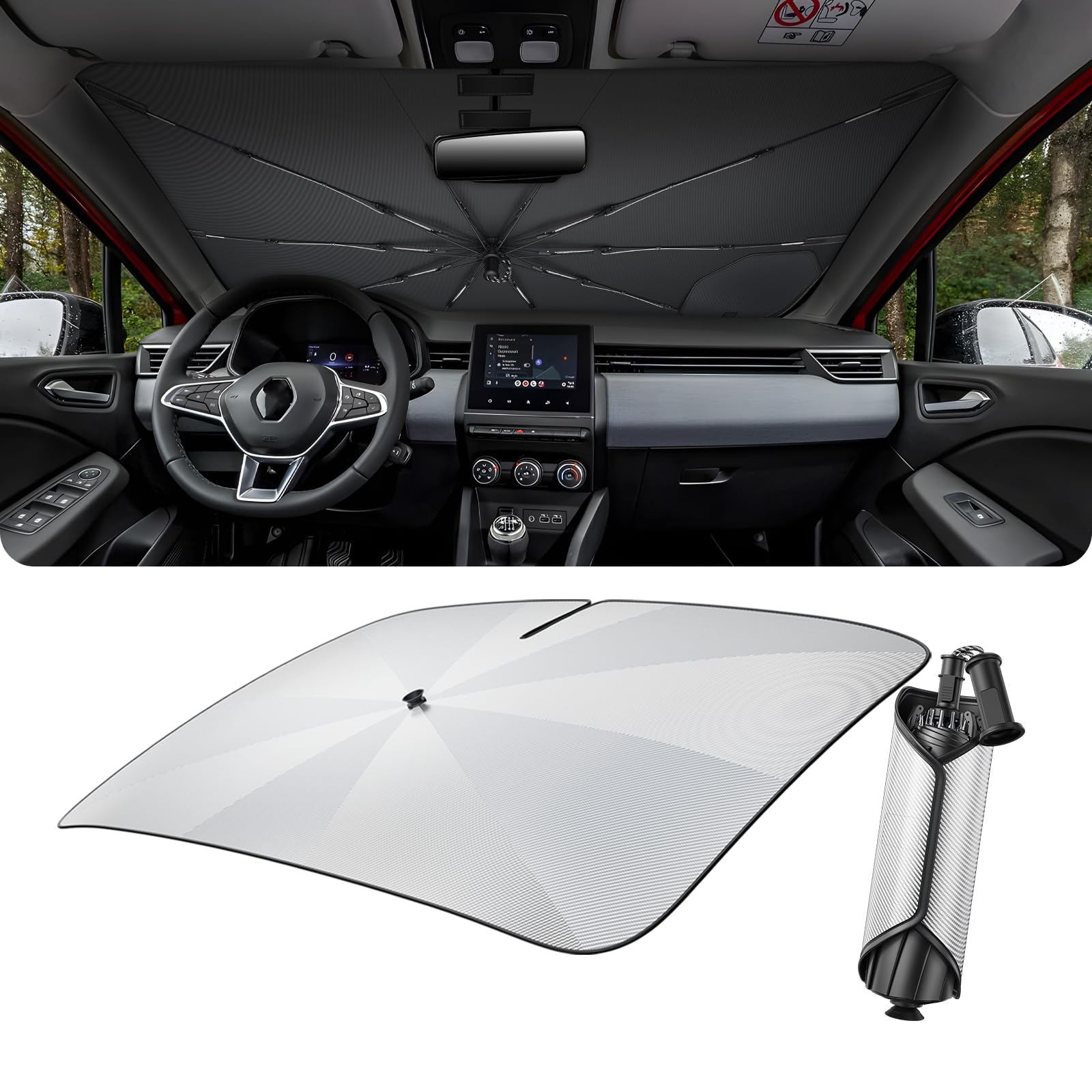 LUWU [Aggiornato] Ombrello Parasole Auto Compatibile con Renault Clio 5 2020-2025 2026 Parabrezza Parasole Auto ad Ombrello Pieghevole per Parabrezza Anteriore Interno Clio 5 Accessori