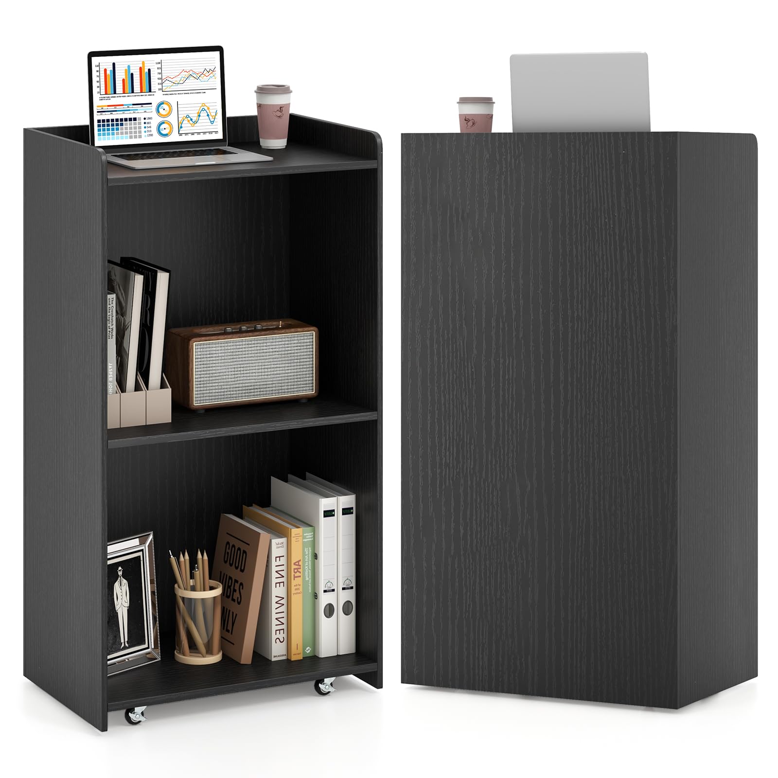 COSTWAY Stehpult mit Rollen, Rednerpult mit 2 Ablagefächern, Stehtisch, Podiumständer für Klassenzimmer, Kirche, Büro, Seminar, 57,5 x 37 x 105 cm (Schwarz)