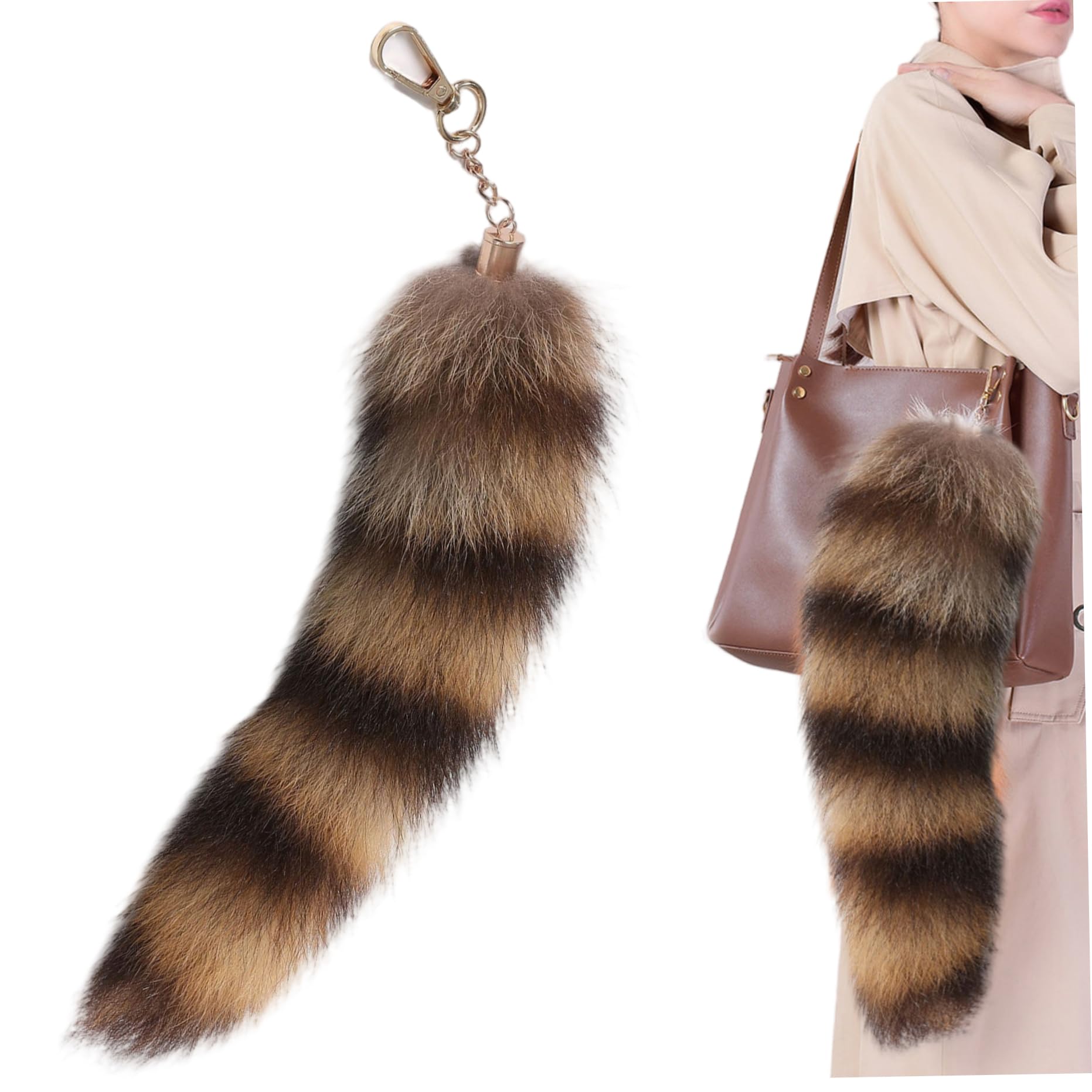 Cakeeyum Style 1 Raccoon Tail Keychain, 12 Inch Soft Furry Fox Tail Keychain, Realistic Color, Stylish Tassel Pendant For Costumes, Bags, And Daily Wear Raccoon, Therian, Fu