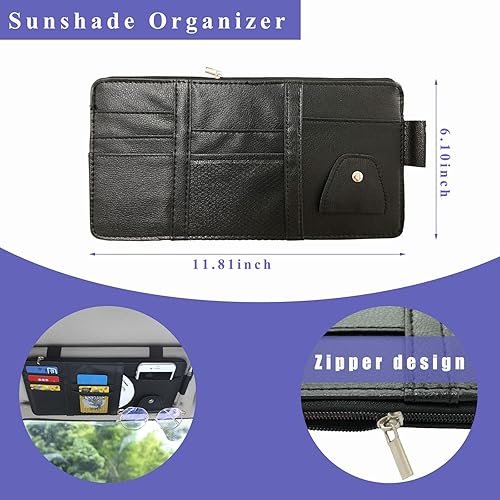 Miniatura 2 de Augeny Organizador de visera solar para automóvil, de cuero, con múltiples bolsillos, bolsillo de almacenamiento con cremallera, accesorios