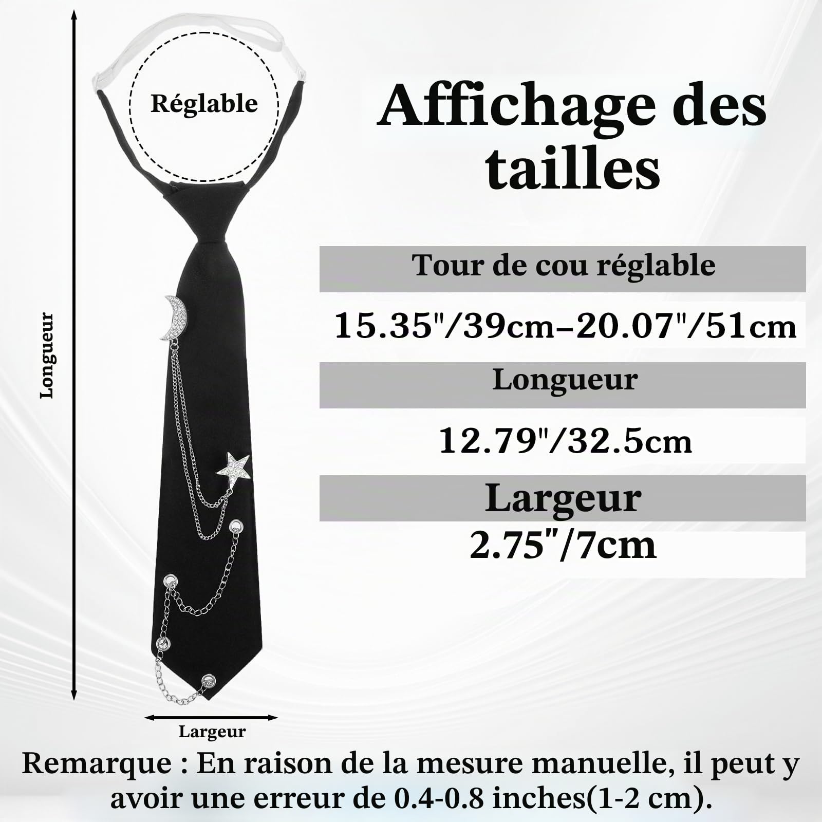 Cravate pour Femme, Cravate Noire Pré-nouée Réglable avec Chaîne - Accessoires pour Chemise Uniforme - Pour Homme Femme - Vêtements Punk Goth Emo