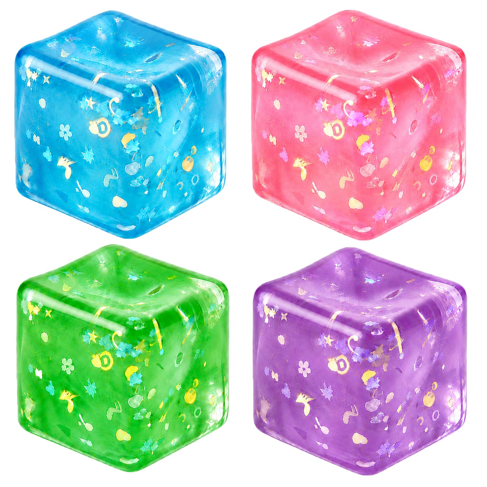 Glitter Cube Squishy Toys, 4Pack 5.5cm Stress Relief Ice Cube Fidget Toys