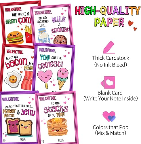 Miniatura 3 de Ungirds Paquete de 30 tarjetas de San Valentín para niños, 6 adorables diseños temáticos de alimentos, lindas tarjetas de San Valentín con 30 sobres