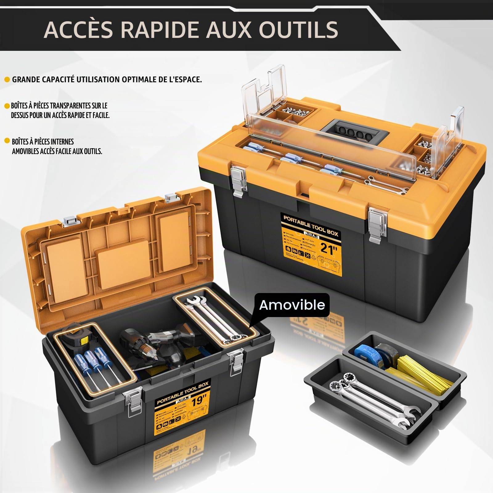 AIRAJ Caja Herramientas, Caja de Herramientas 4 en 1, Caja de Almacenamiento Portátil con Cerradura, 8 Organizadores Extraíbles, Boîte de Rangement Mini/Pequeña/Grande, 15"+17"+19"+21"