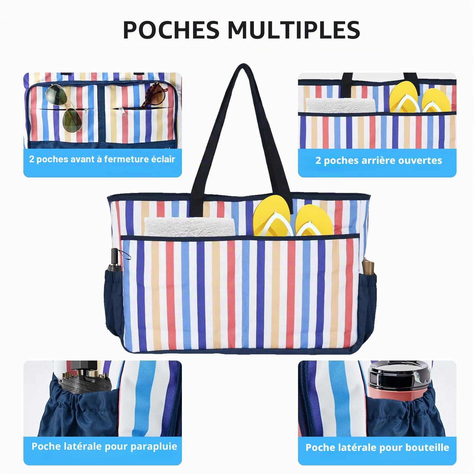 Sac de plage, sac fourre-tout extra large pour femme avec fermeture éclair, étui étanche pour téléphone, décapsuleur, plusieurs poches, résistant à l'eau et au sable, sac à bandoulière pliable