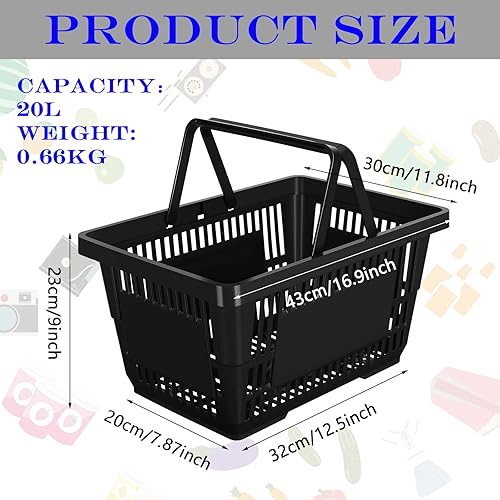 Miniatura 4 de 12 cestas de compras de plástico de 20 L con asas de 16.9 x 11.8 x 9.1 pulgadas, cestas de tienda al por menor con asas para el mercado, suministros